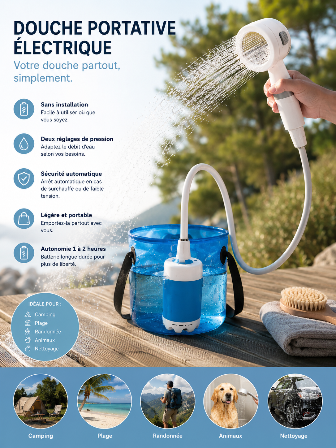 Douche de Camping Portable Rechargeable — Pompe Électrique Intelligente | Sans Électricité | Affichage Digital | Plage & Extérieurs