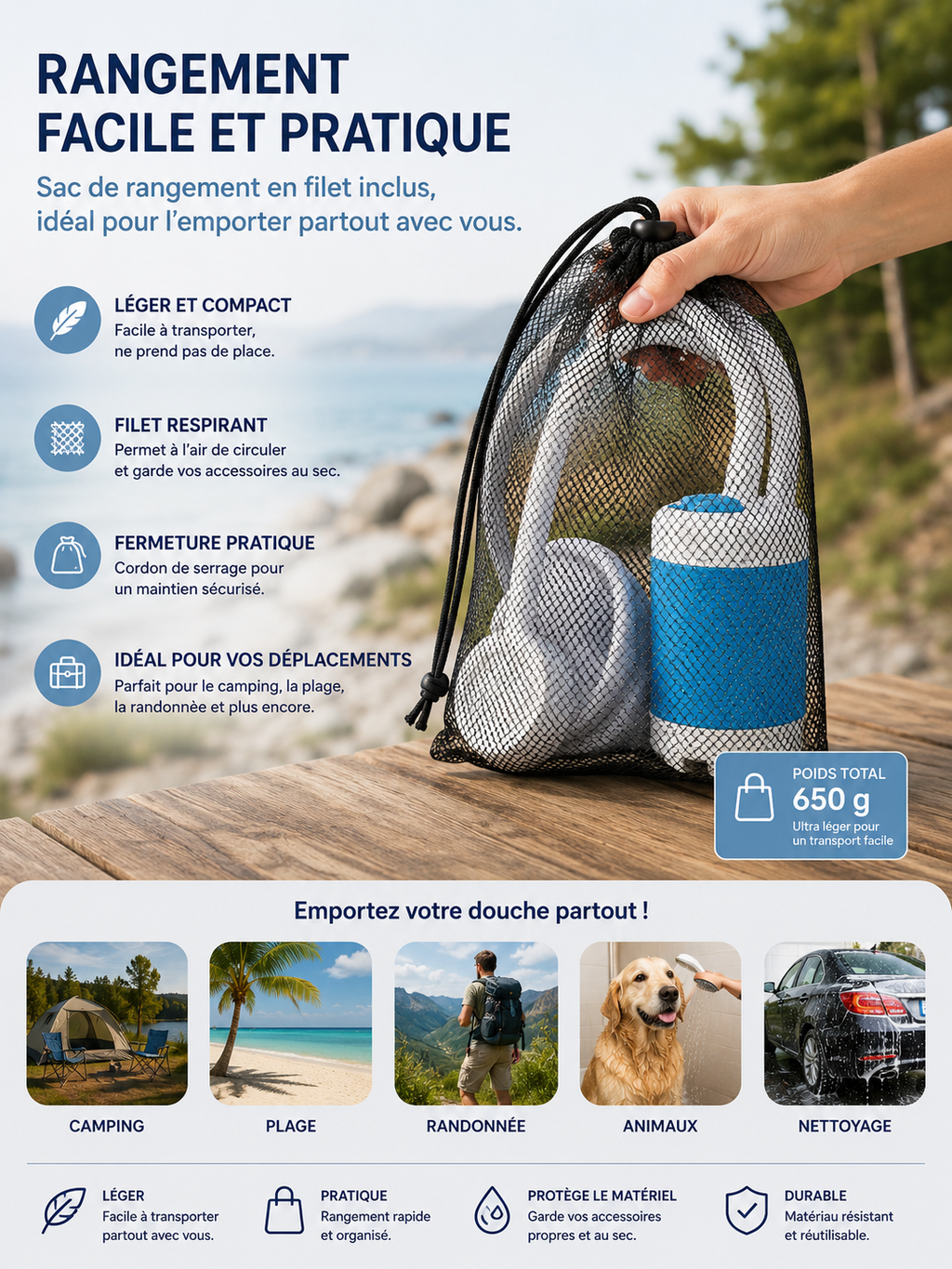 Douche de Camping Portable Rechargeable — Pompe Électrique Intelligente | Sans Électricité | Affichage Digital | Plage & Extérieurs