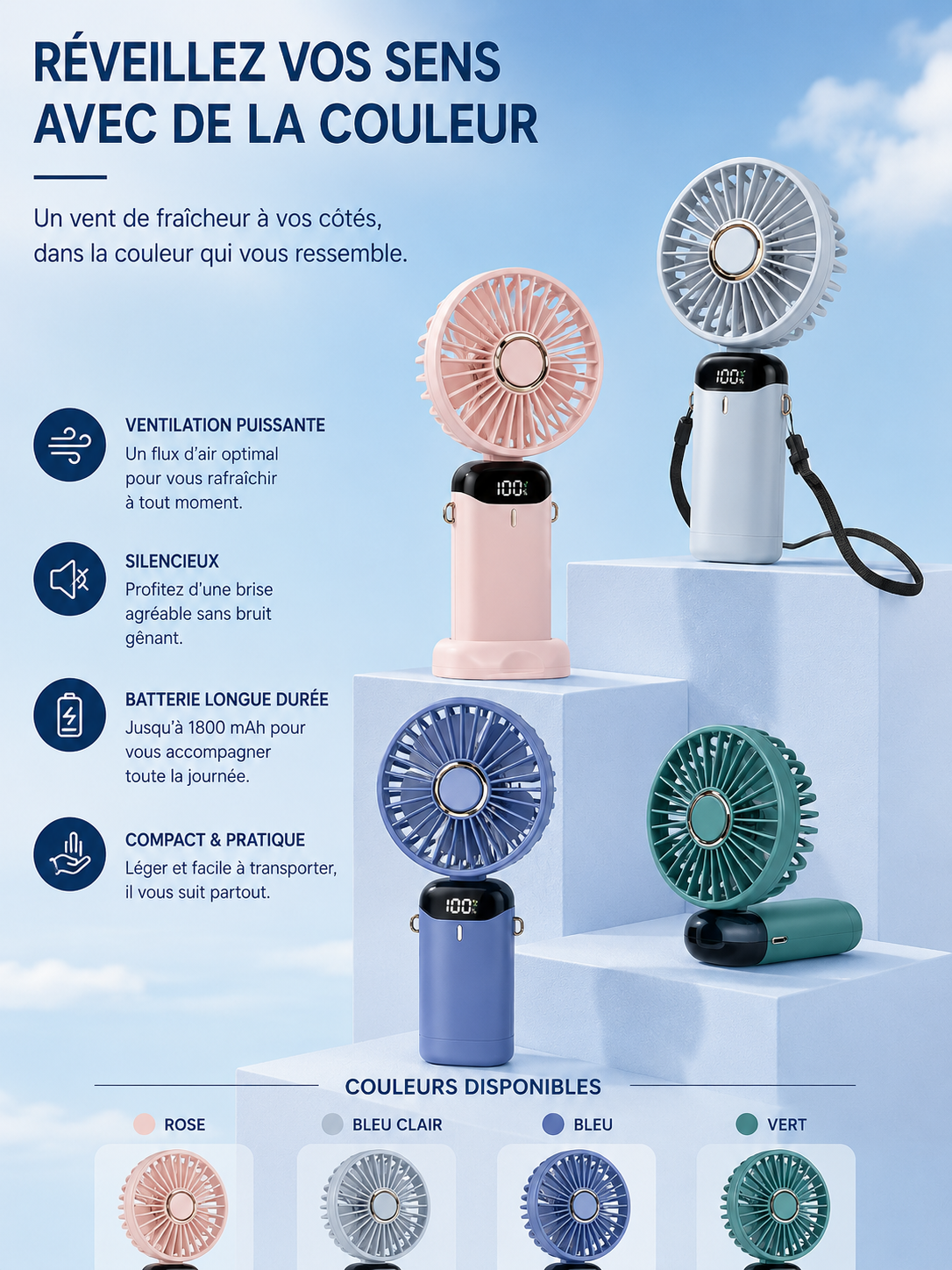 Ventilateur Portable USB Rechargeable — Tour de Cou & Bureau | Écran LED | 5 Vitesses | Batterie 1800mAh