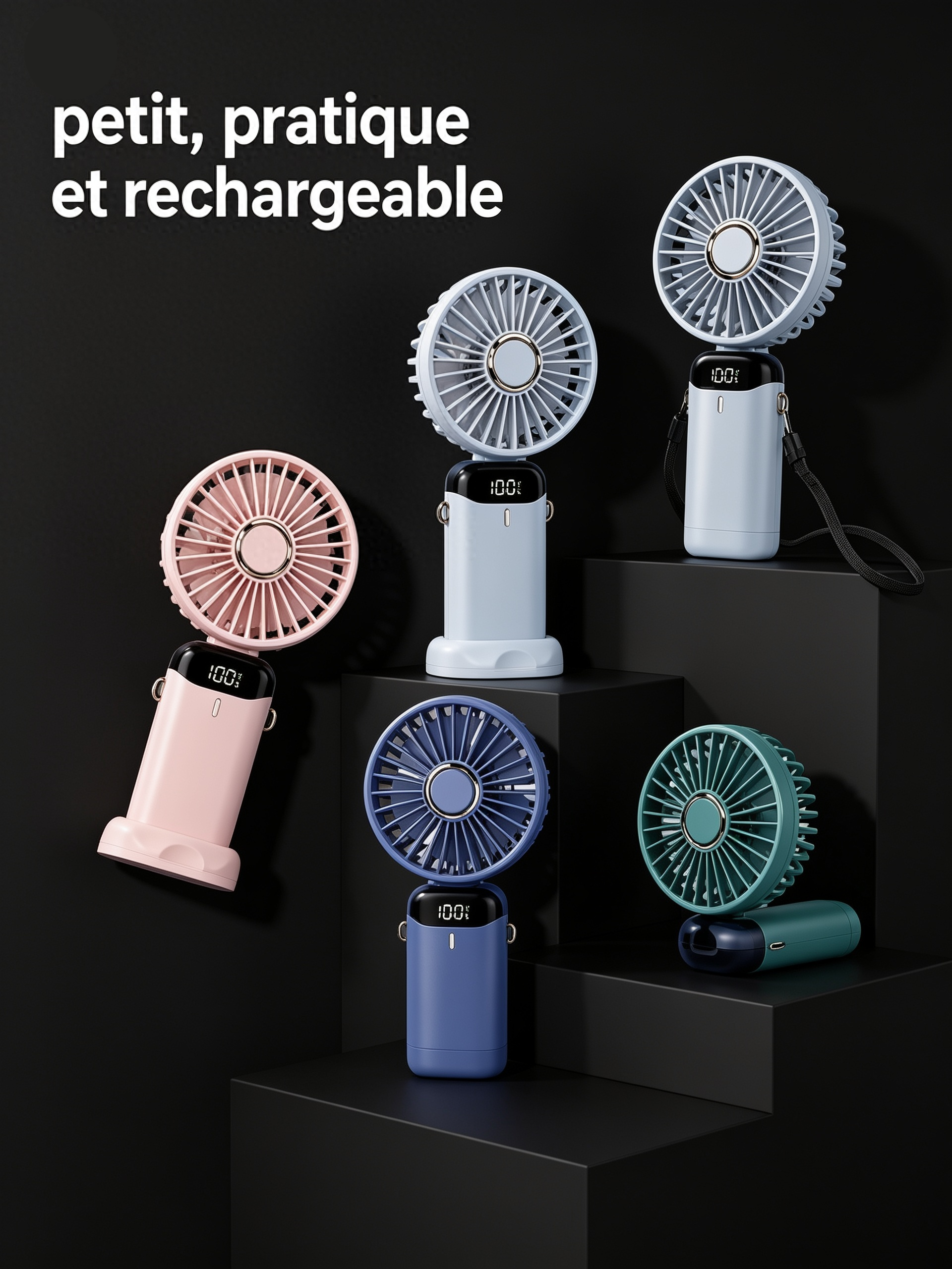 Ventilateur Portable USB Rechargeable — Tour de Cou & Bureau | Écran LED | 5 Vitesses | Batterie 1800mAh